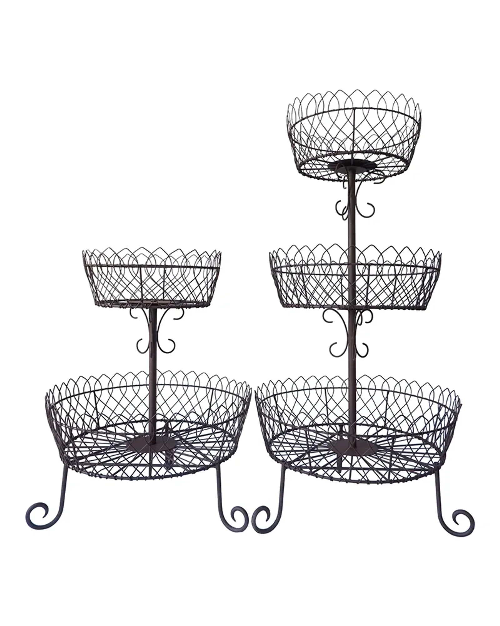 A round wire stand with two tiers in an antique rust finish, with pots and plants on each tier.